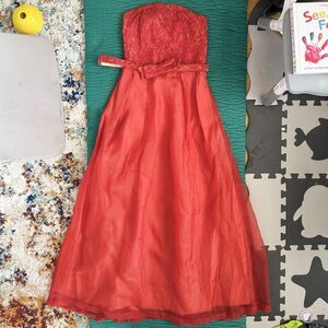 Vintage 50s Red Taffeta Strapless Dress Gown Structured Embroidered Bodice Sz XS